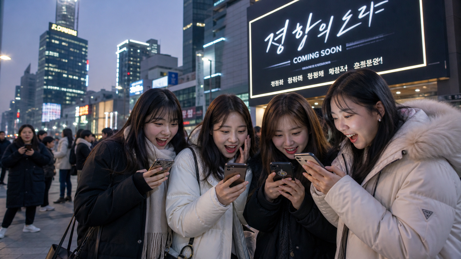 한국 팬들이 스마트폰으로 드라마 공개 소식을 기다리는 모습
