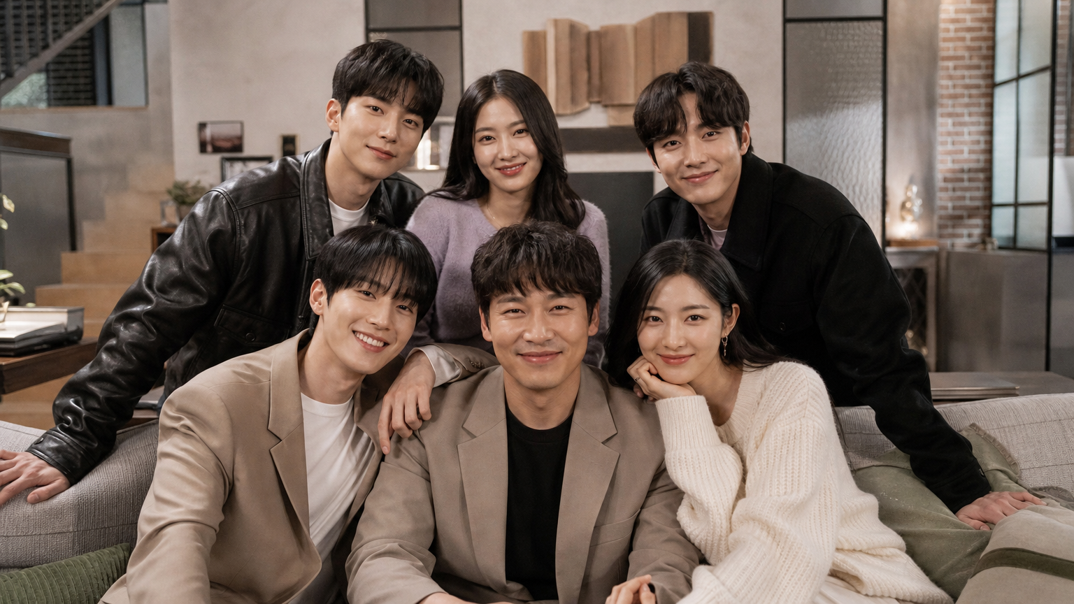 주요 배우들이 세련된 의상을 입고 촬영장에서 모여있는 모습