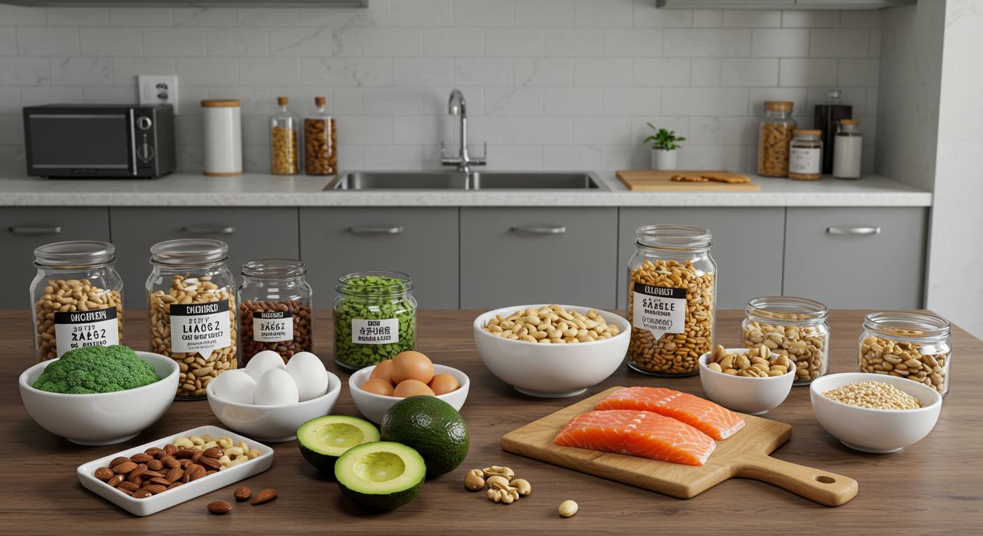현대적인 한국 부엌에서 아보카도, 달걀, 견과류, 연어 등의 저탄수화물 고지방 음식이 깔끔하게 진열된 모습