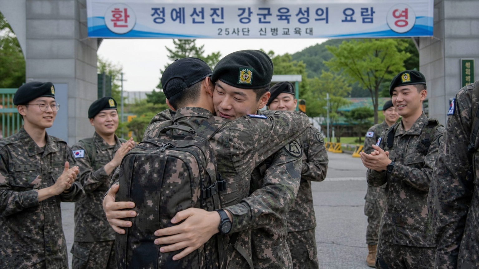 군복을 입은 젊은 군인이 부대 입구에서 동료들에게 환영받는 장면