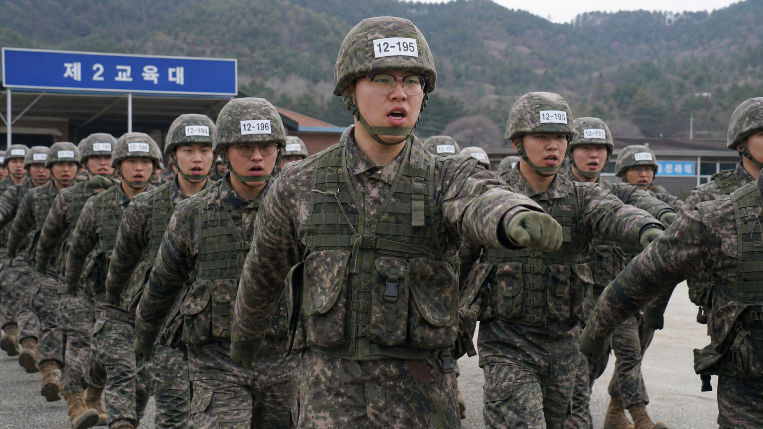 한국군 병사들이 군사훈련장에서 행군과 사격 연습을 하는 모습