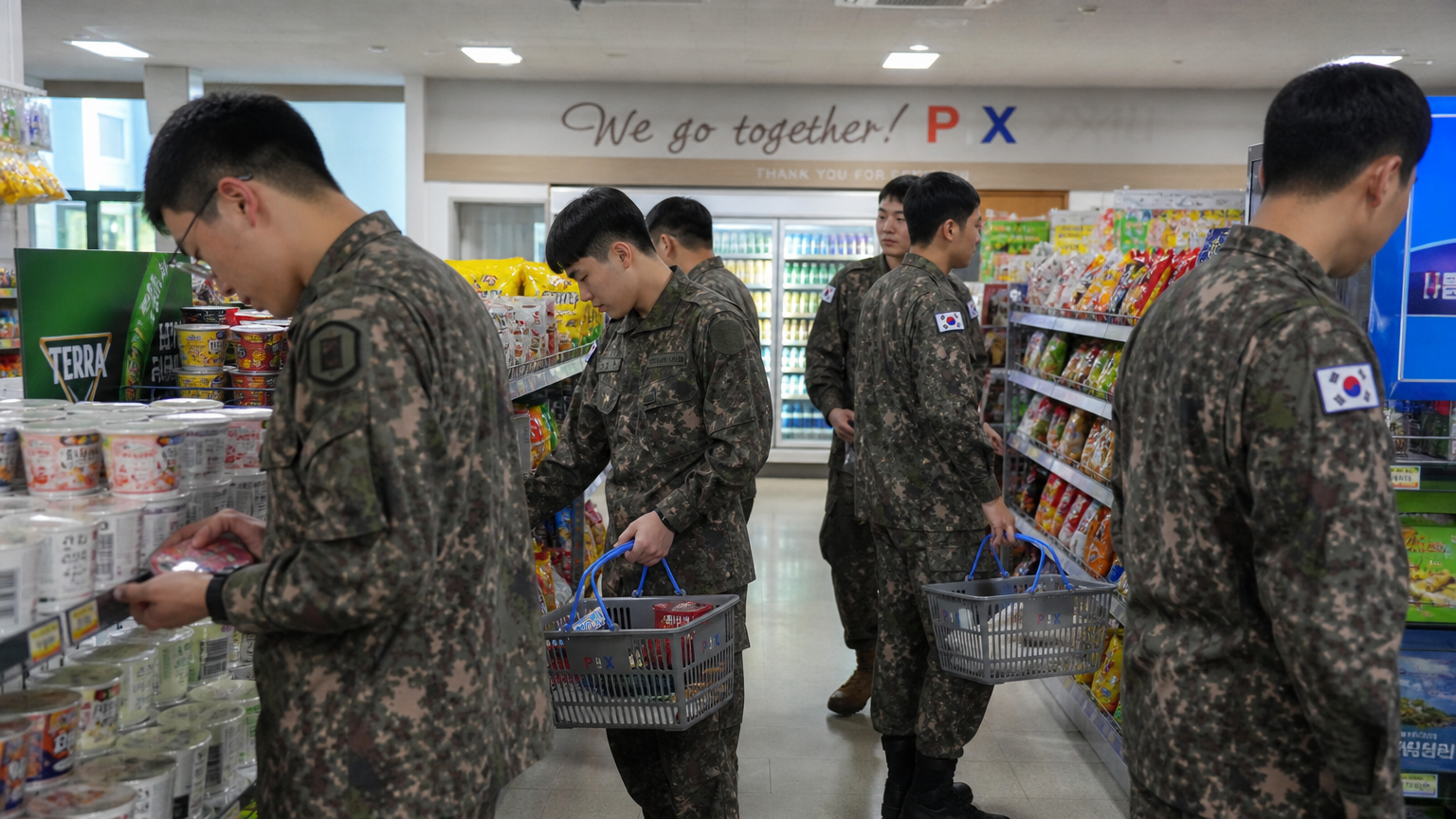 한국군 병사들이 PX에서 생필품과 간식을 구매하는 모습