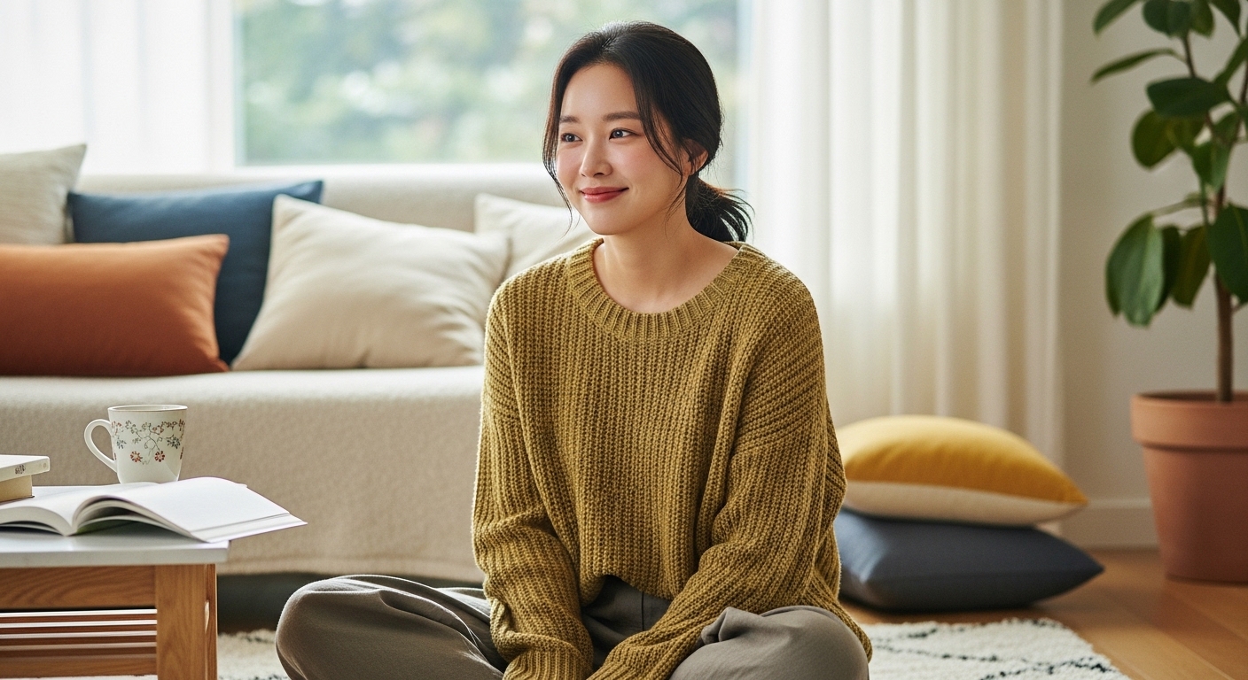 배우 송혜교가 오버사이즈 스웨터와 루즈 팬츠를 입고 집에서 편안하게 있는 모습