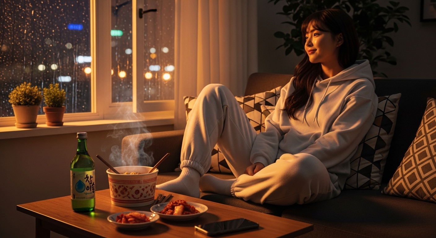 밤 시간대 편안한 라운지웨어를 입고 컵라면을 먹는 캐주얼 한국 패션 스타일