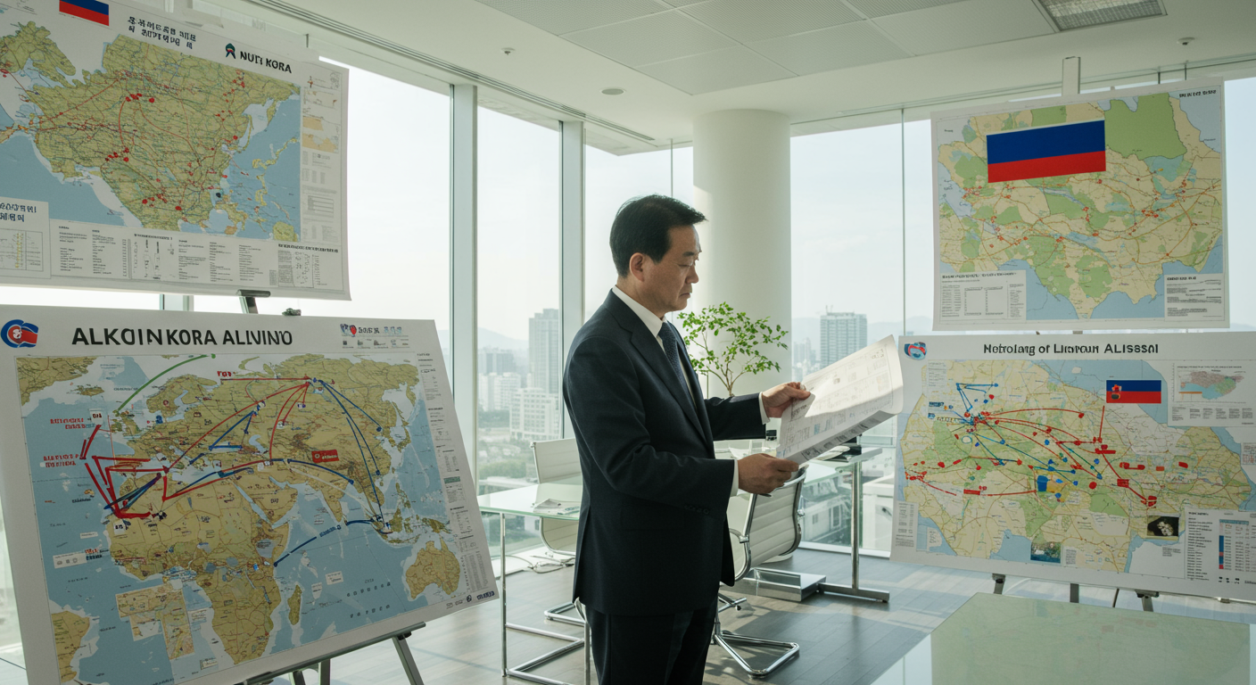 한국 외교관이 사무실에서 전략 지도를 바라보며 고민하는 모습