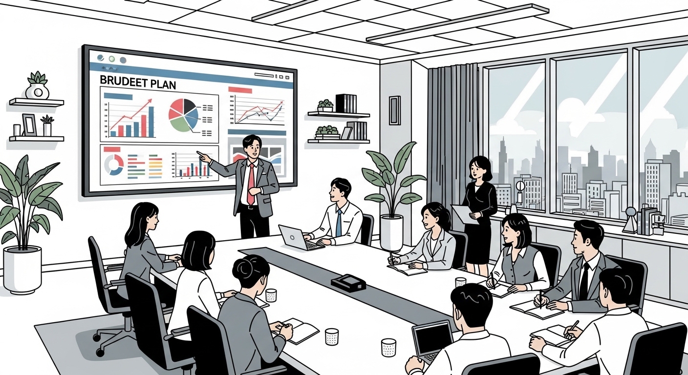 한국의 작은 사업자들이 회의실에서 디지털 스크린을 통해 예산 계획을 논의하는 모습