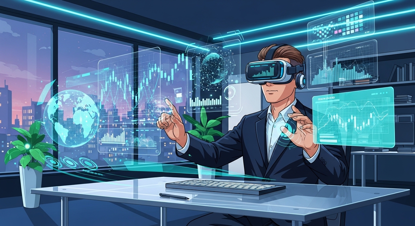 첨단 사무실에서 가상현실 헤드셋을 착용하고 있는 한국 기업가와 주변에 떠다니는 홀로그램 금융 데이터