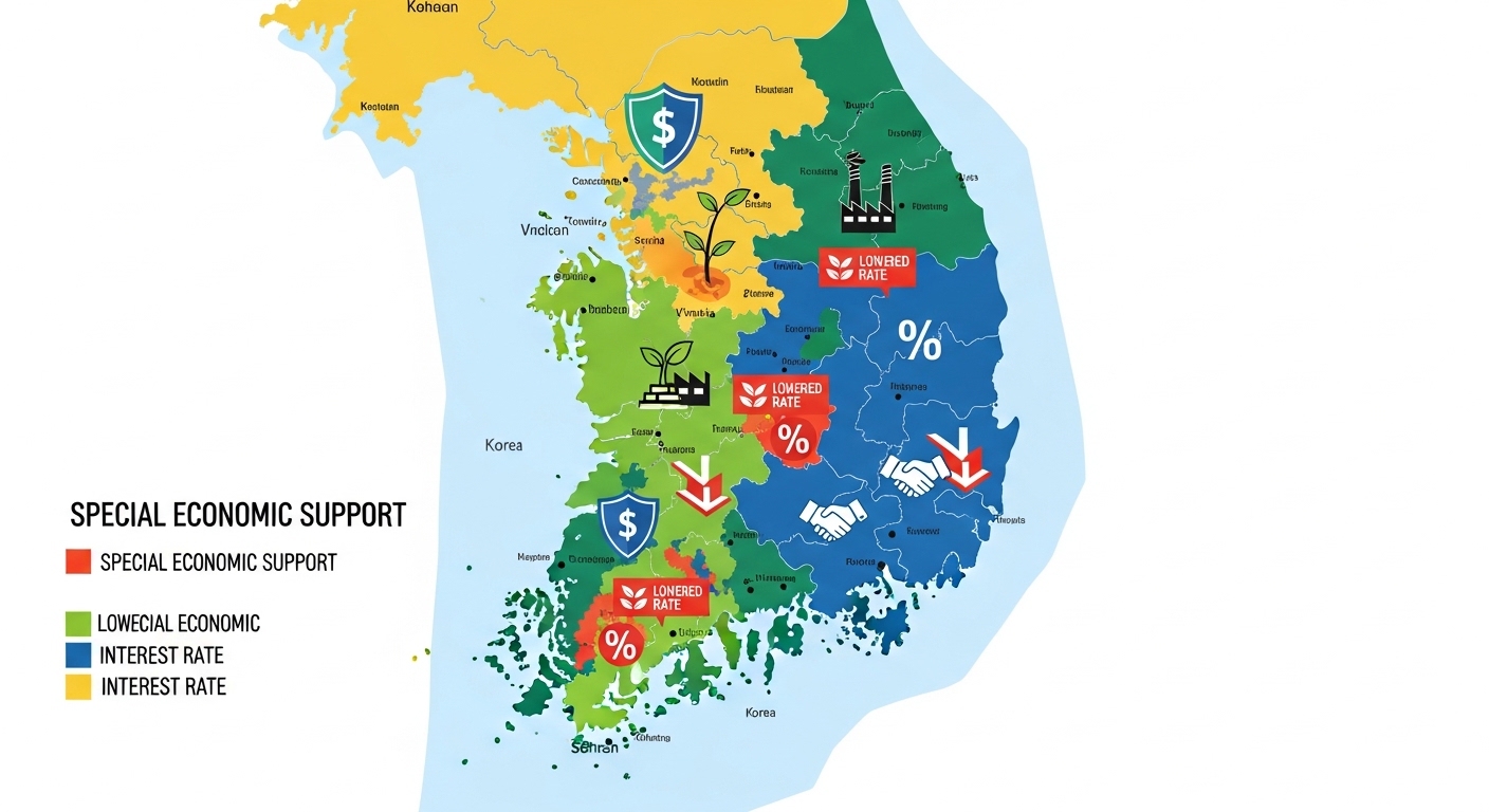비수도권 지역을 강조하며 특별 경제 지원 아이콘과 금리 인하 표시가 있는 한국 지도