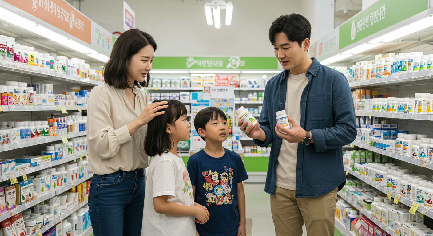 현대적인 약국에서 아이 성장 보조제를 상담하는 가족