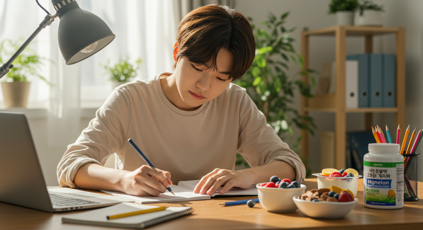 책상에서 공부하며 집중하는 학생과 건강한 간식