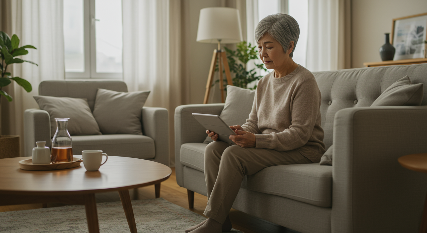 집에서 태블릿을 사용해 복지 정보를 찾는 현대적인 시니어 여성의 모습