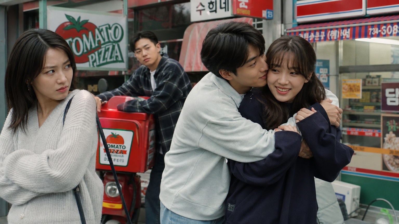피자 가게와 편의점이 있는 도심에서 질투와 애정을 표현하는 90년대 트렌디 드라마 장면