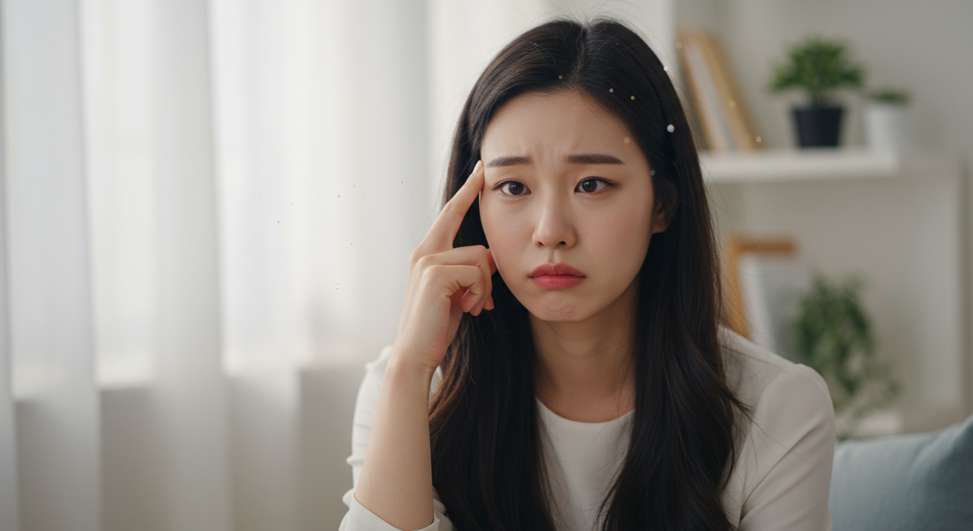 한 여성이 비문증으로 인해 눈 앞에 떠다니는 점을 보고 걱정하는 모습