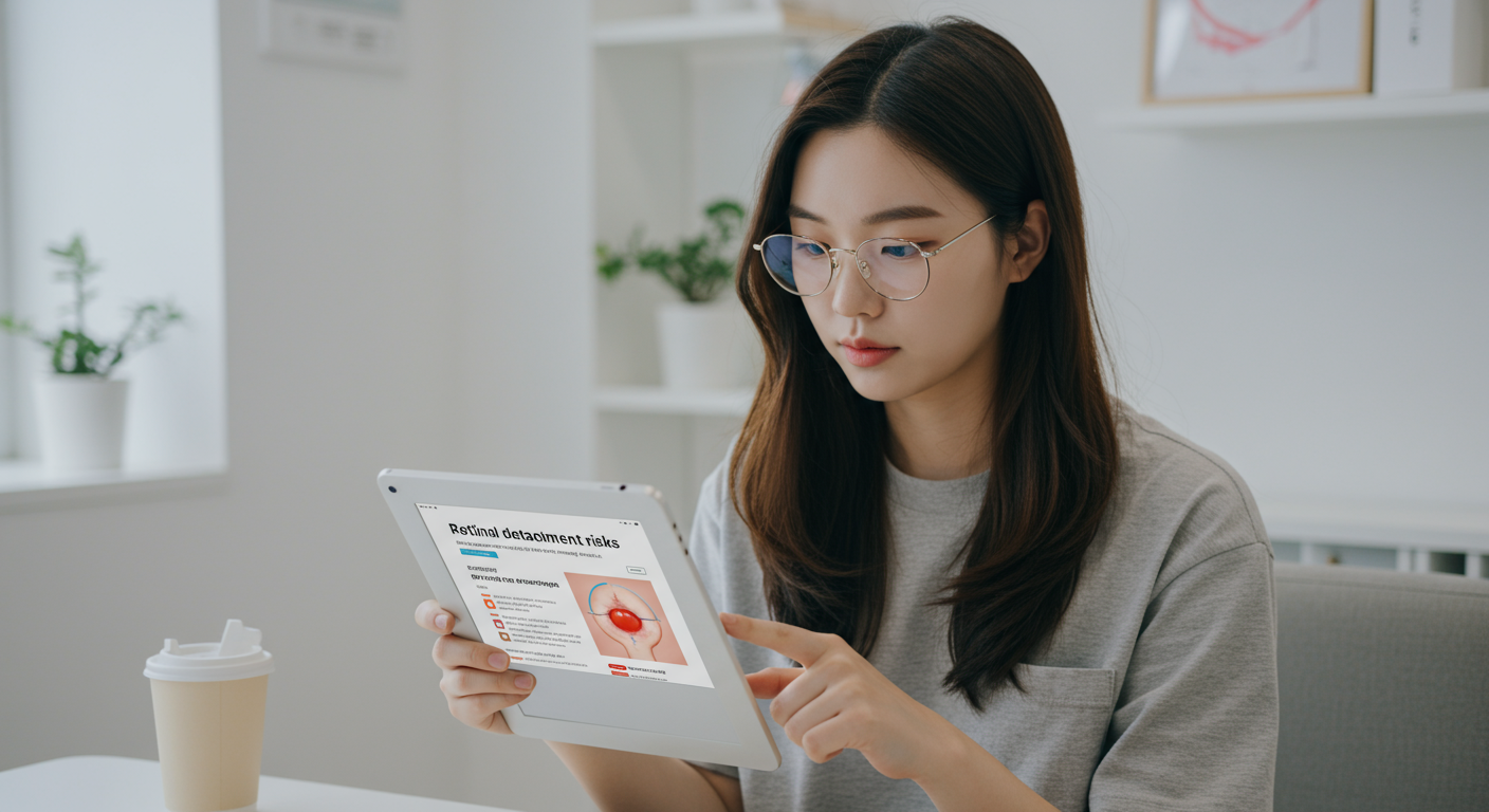 현대적인 환경에서 태블릿으로 망막박리에 대해 읽고 있는 고도 근시 청년