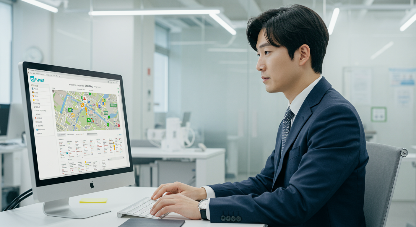 사무실 환경에서 데스크톱 컴퓨터로 네이버 스마트플레이스를 이용하는 비즈니스 사람