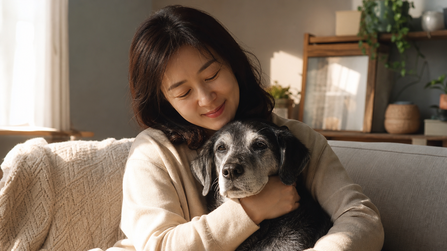 반려견을 안고 있는 한국인 보호자가 집에서 반려동물과 함께 소파에 앉아 있는 장면