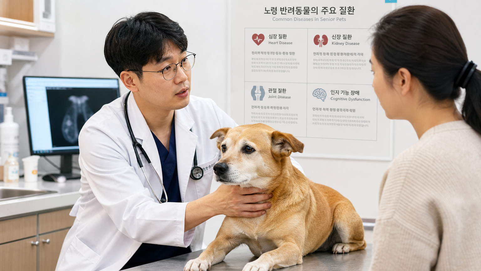 동물 병원에서 수의사가 보호자와 함께 반려견의 건강 상태를 상담하는 모습