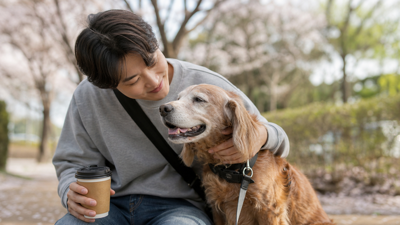공원에서 반려견과 함께 평화로운 시간을 보내는 한국인의 따뜻한 순간