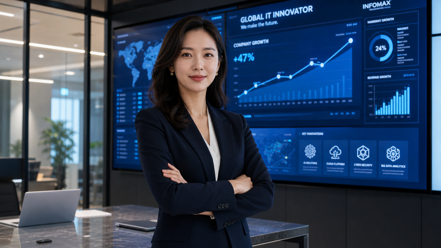 현대적 사무실에서 디지털 화면을 배경으로 서 있는 자신감 넘치는 여성 CEO