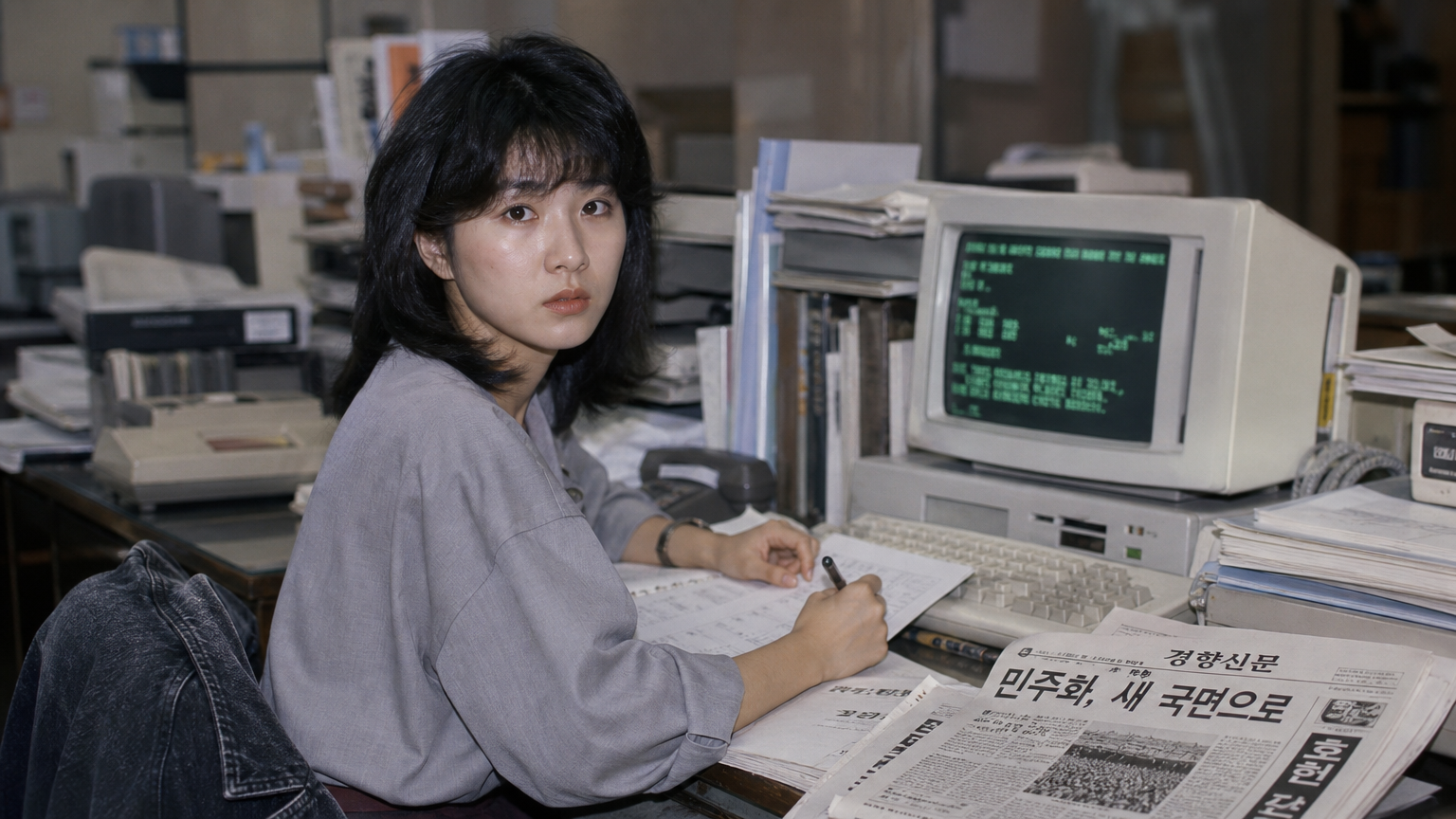 1980년대 후반 서울에서 초기 컴퓨터 기술과 신문이 놓인 책상에 앉아 있는 젊은 여성 기자