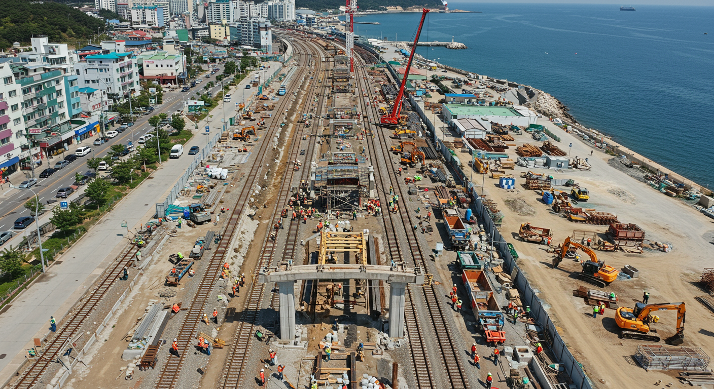 맑은 하늘 아래 해안 도시 근처에서 진행 중인 현대식 한국 철도 건설 현장의 전경