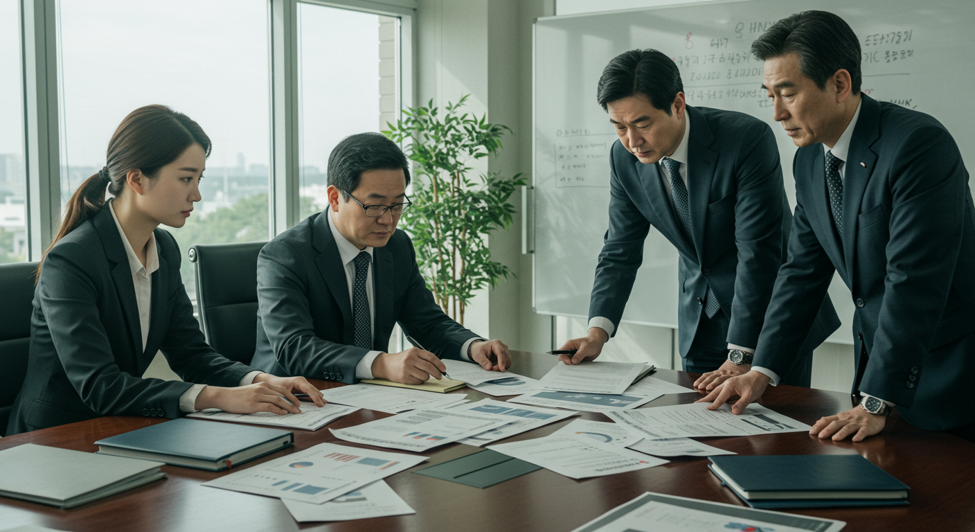 현대적 사무실에서 정부의 비효율성을 논의하는 다양한 전문가들