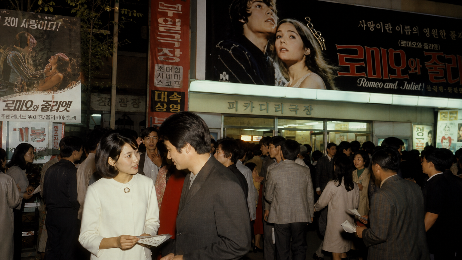 1960년대 후반 한국의 붐비는 극장과 영화 포스터