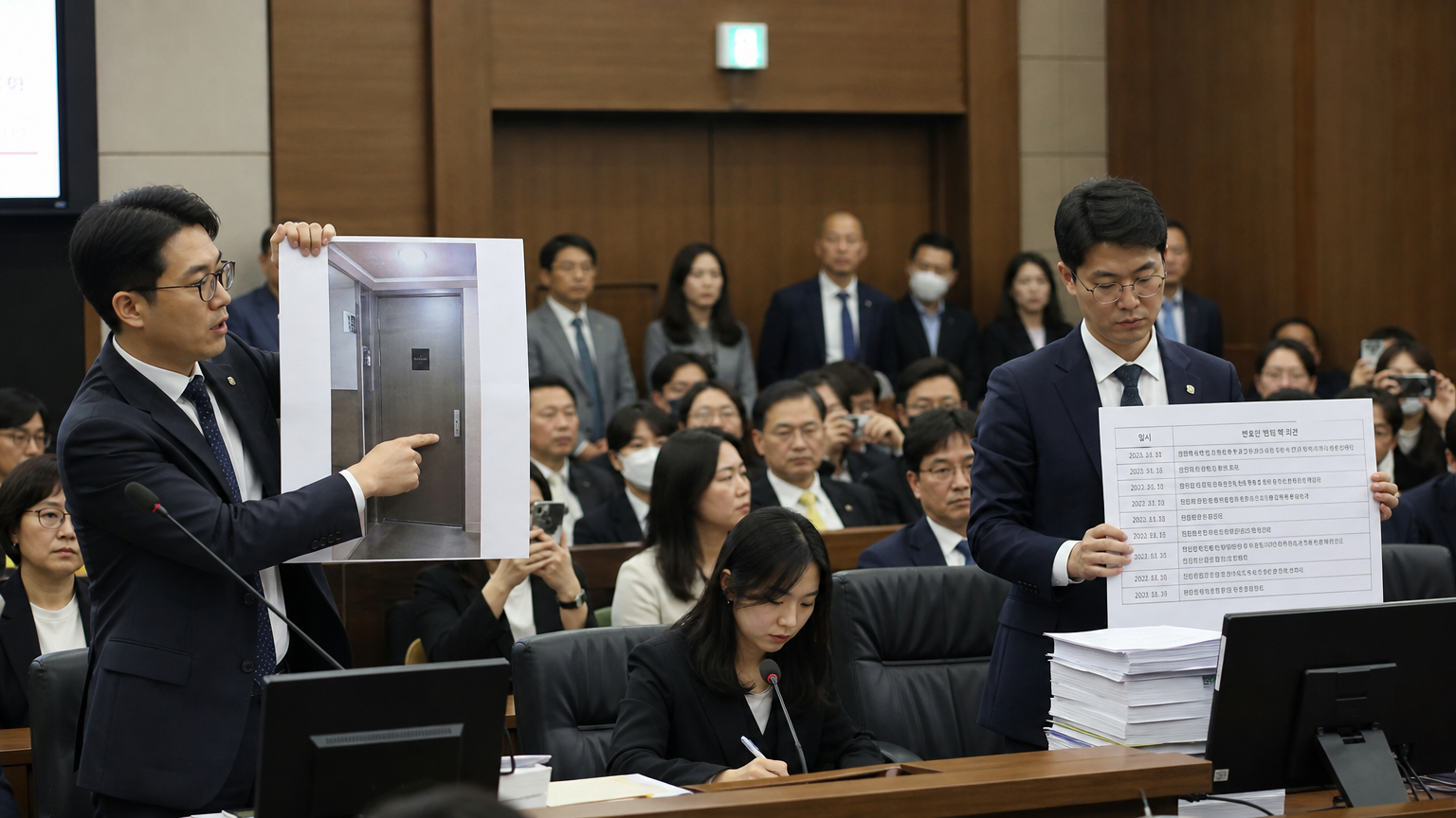 현대 한국 법정에서 변호사가 증거를 제시하는 모습