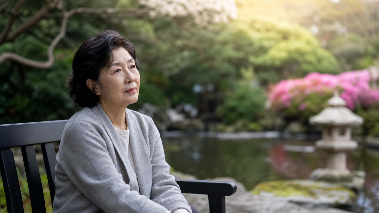 과거 결정을 회상하며 정원에서 홀로 앉아있는 여성