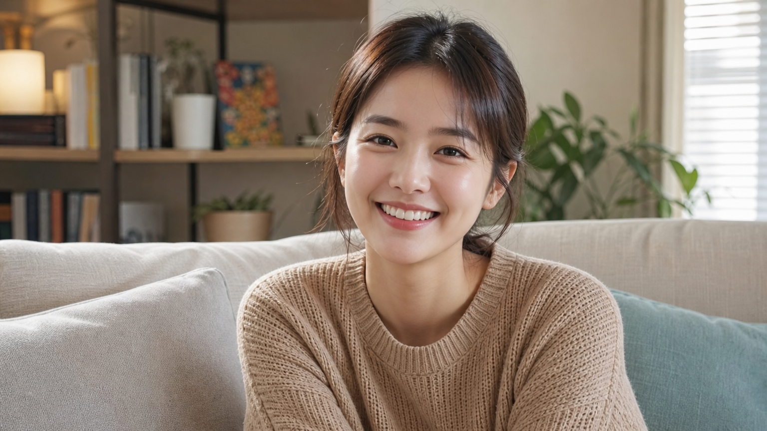 현대적인 한국 여배우가 따뜻한 미소를 짓고 있는 모습