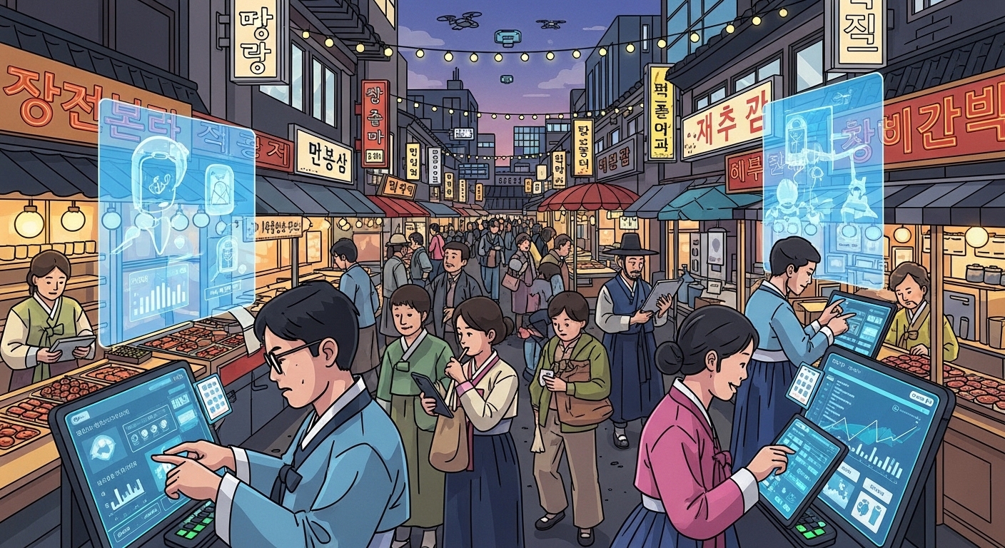 한국의 거리 시장에서 상인들이 태블릿과 스마트폰으로 사업을 관리하는 모습
