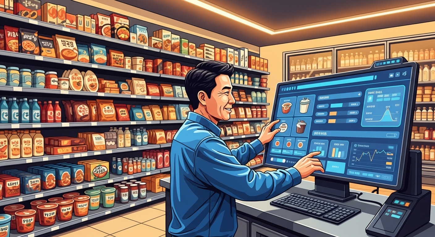 한국 가게 내부에서 주인이 디지털 시스템으로 재고를 관리하는 장면