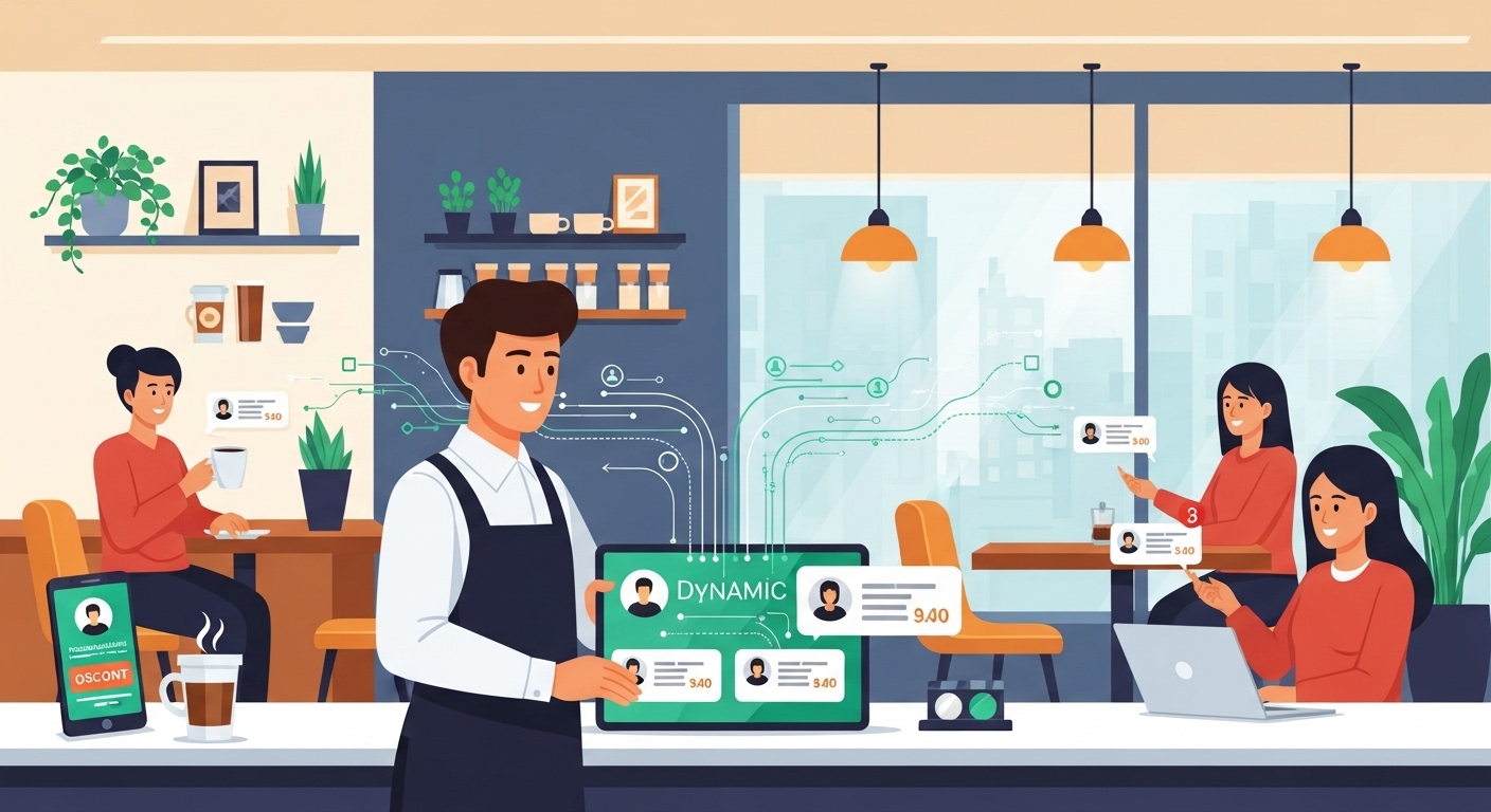 바리스타가 실시간 데이터 분석을 기반으로 개인 맞춤형 제안을 보내는 현대 카페 장면