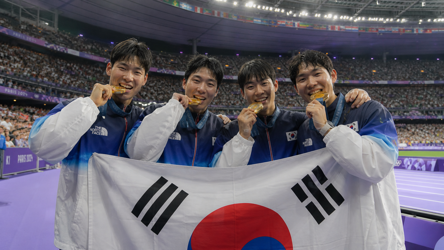 파리 올림픽에서 금메달을 따고 환호하는 한국 선수들