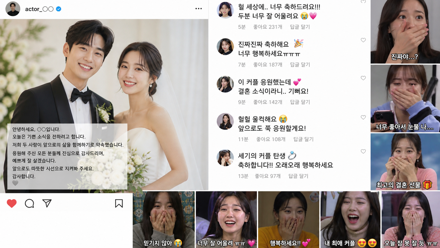 유명 연예인 커플의 결혼 발표가 SNS에 공유되며 팬들이 흥분하며 댓글을 남기는 모습