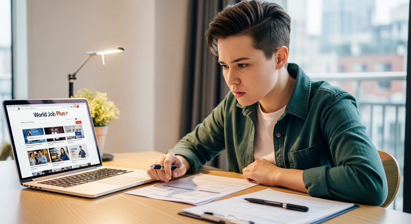 월드잡플러스 사이트를 띄운 노트북과 서류를 앞에 둔 청년의 해외취업 준비 모습