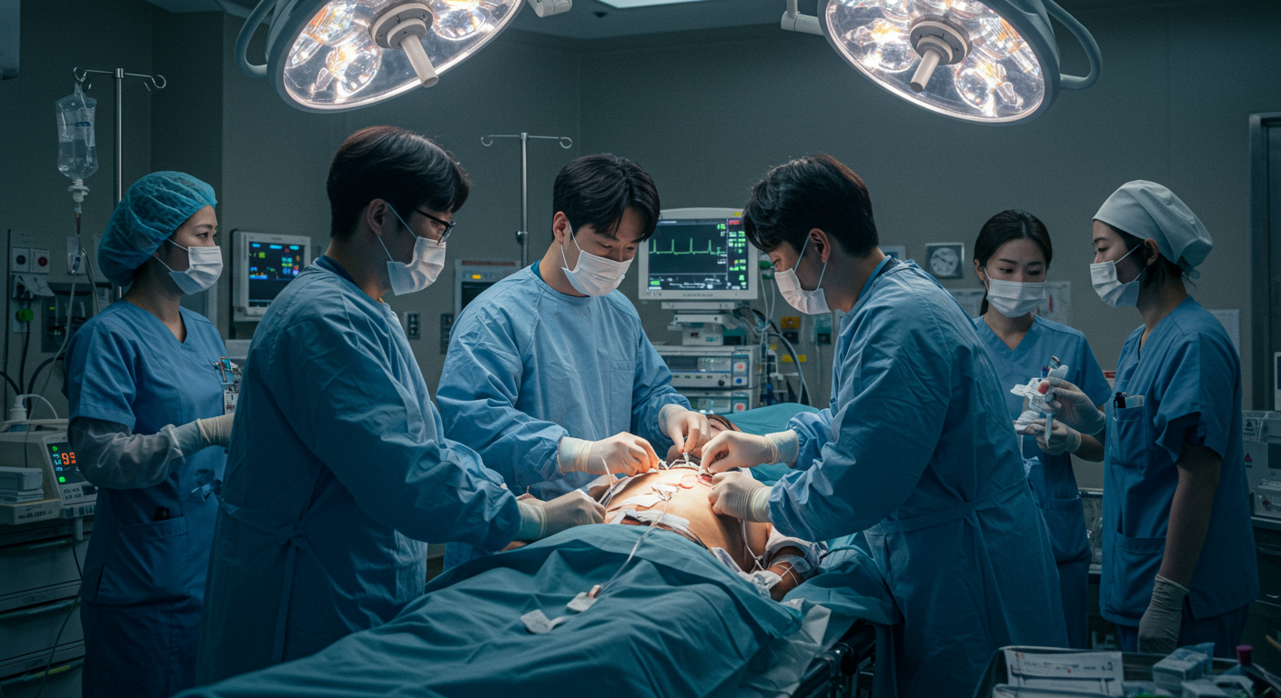응급실에서 의료진이 심장 기능 안정을 위해 치료 중인 장면