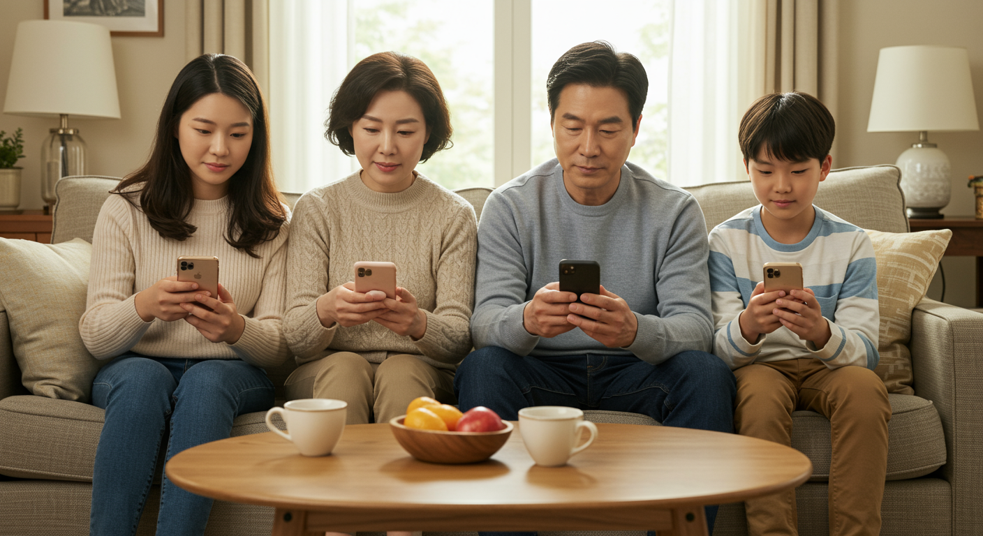 가정에서 소비쿠폰 알림을 스마트폰으로 확인하는 가족