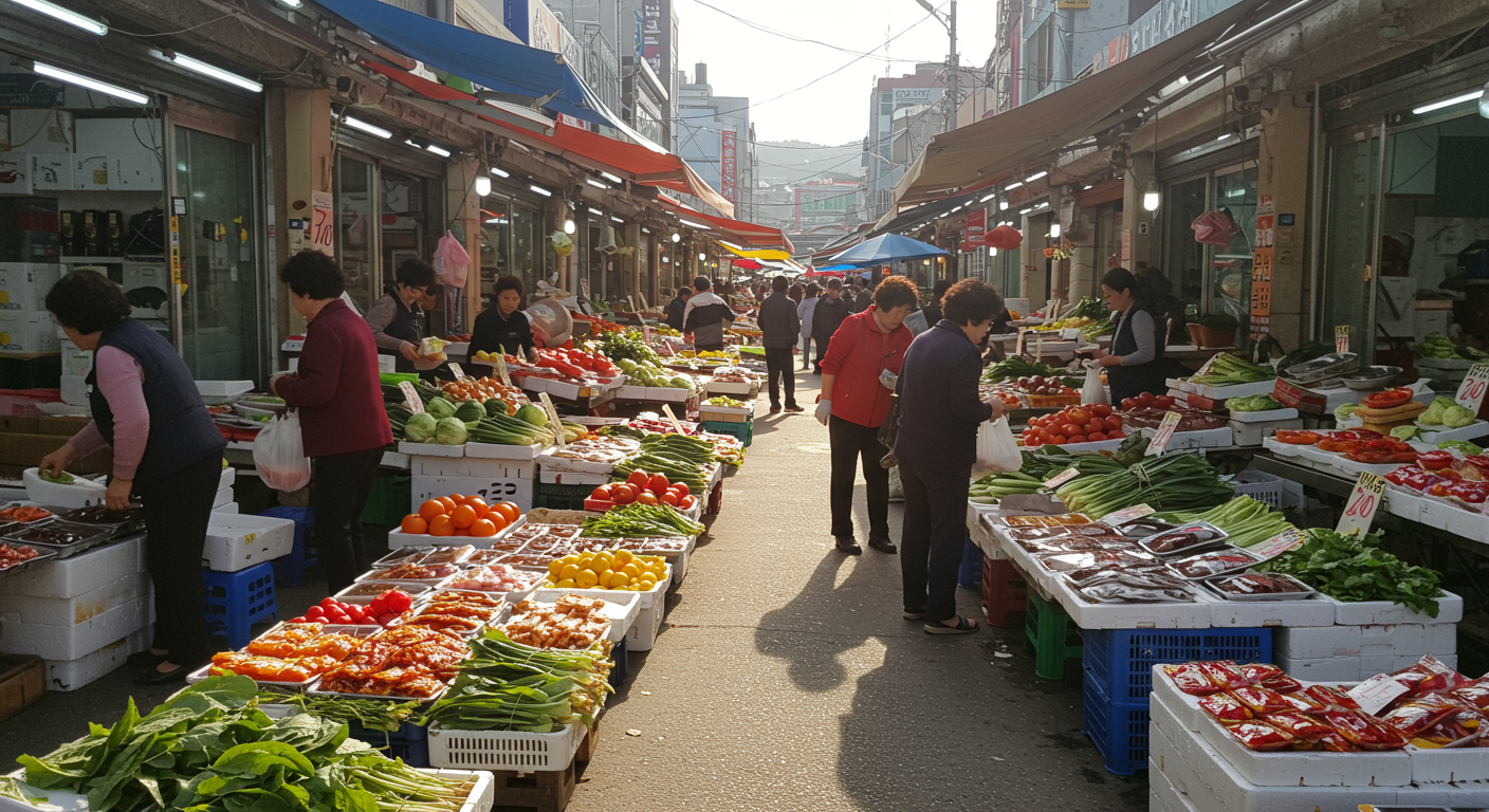 지역 시장에서 신선한 농산물과 물품을 판매하며 활기찬 분위기