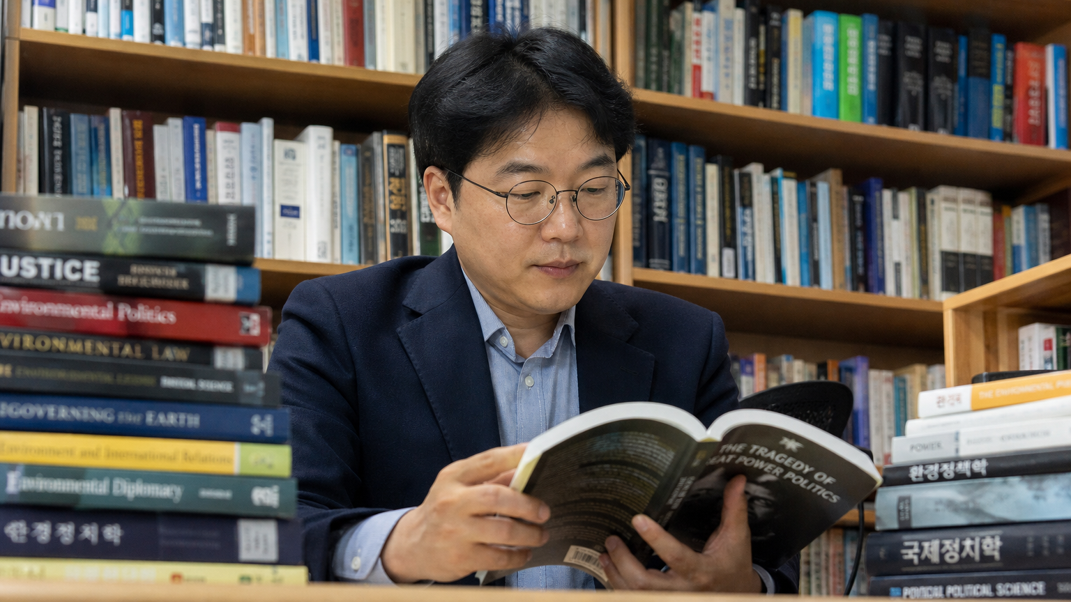도서관에서 정치 및 환경 과학 서적에 둘러싸인 한국 학자의 집중된 표정