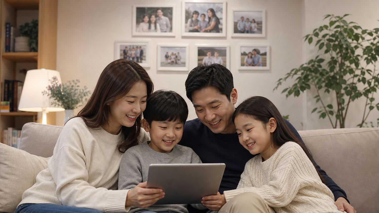 현대적인 한국 가족이 집에서 함께 시간을 보내며 따뜻한 분위기를 느끼는 장면