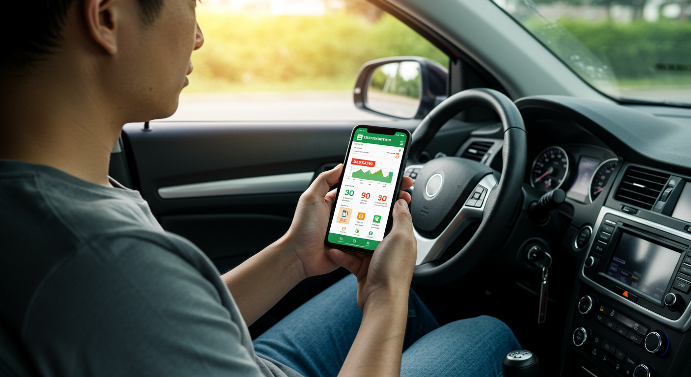 스마트폰 앱으로 저렴한 주유소 찾는 한국 남성의 모습