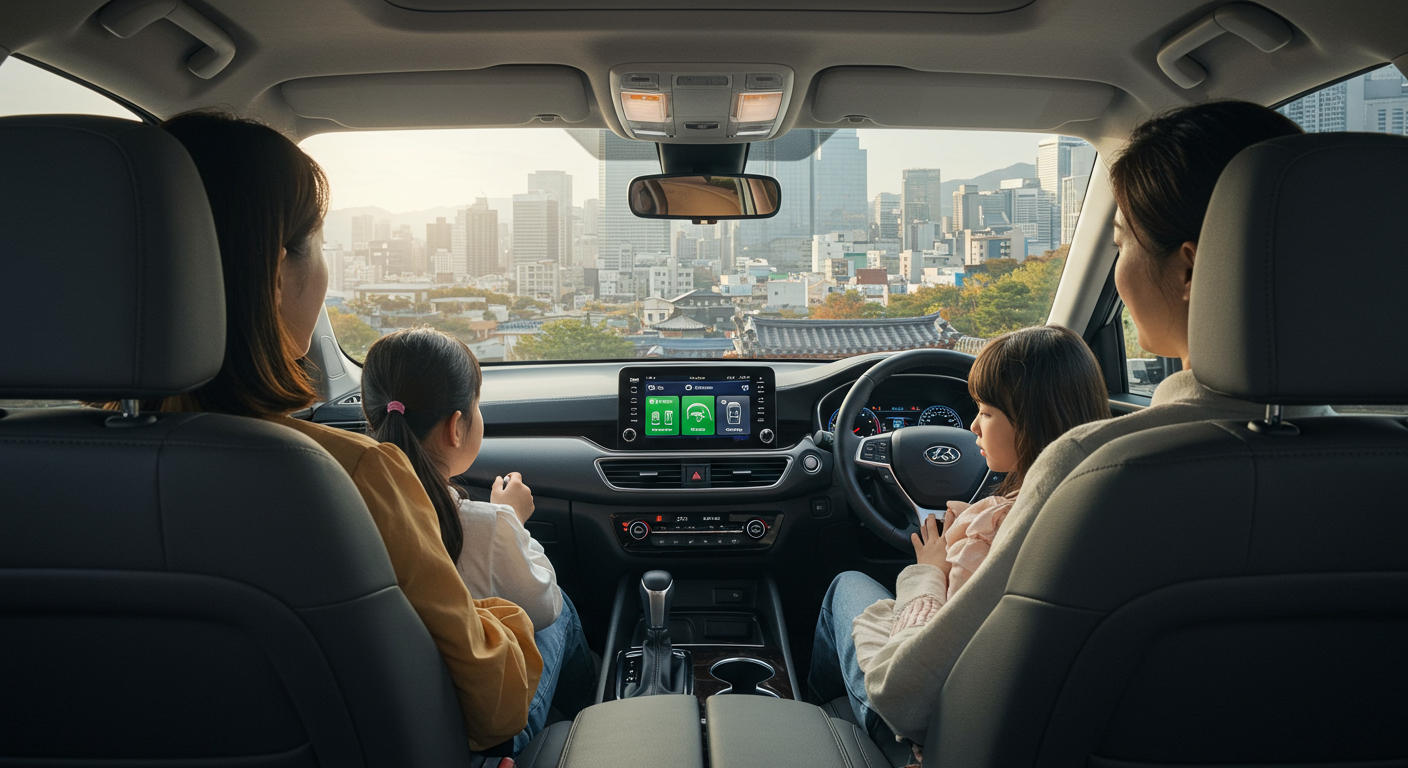 스마트폰 앱을 사용하여 효율적인 주유를 실천하는 가족의 자동차 여행 모습