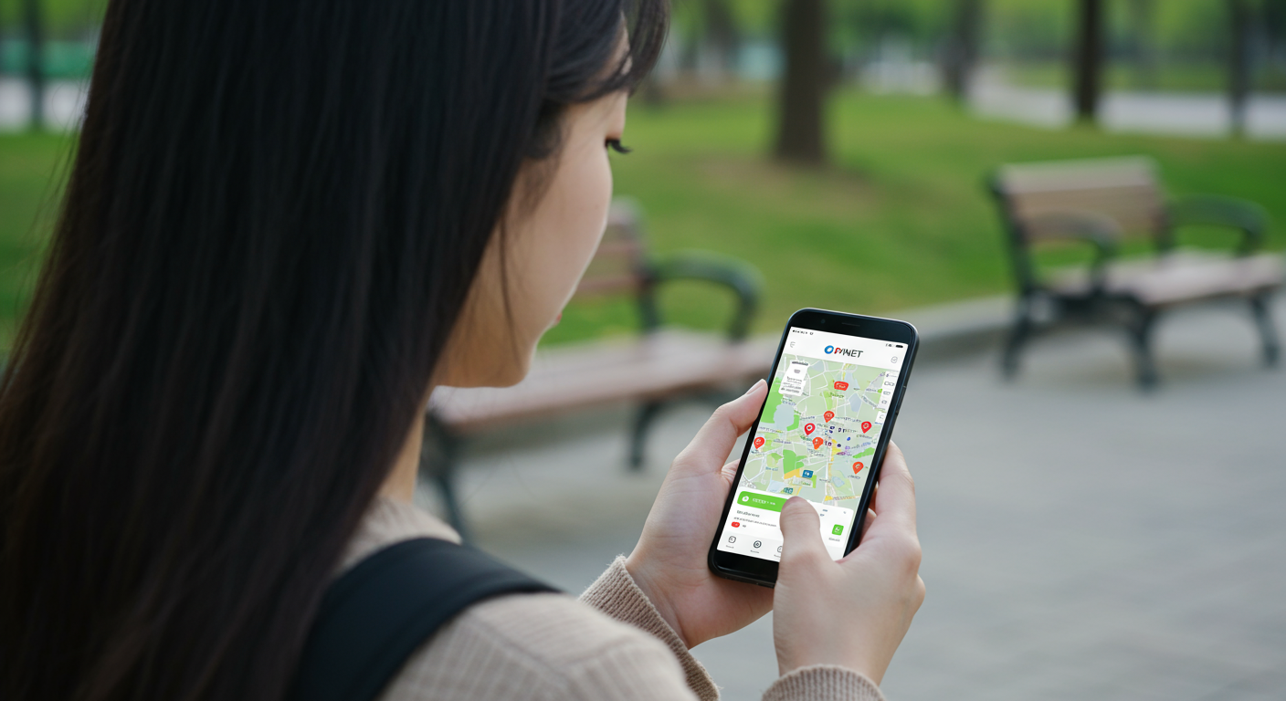 스마트폰에서 오피넷 앱을 통해 지도상 연료 가격을 확인하는 여성