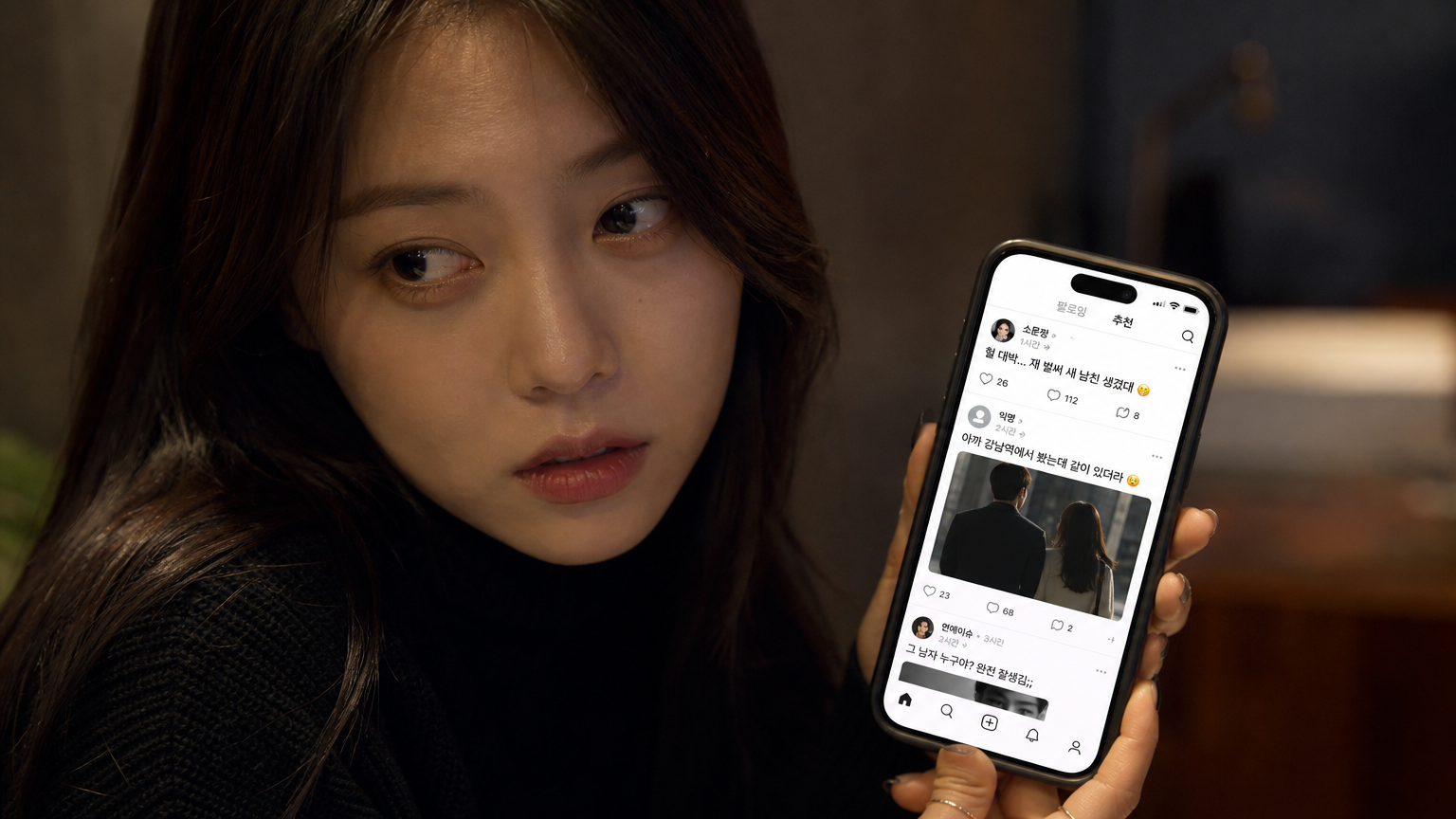 스마트폰을 들고 있는 여성이 SNS 게시물을 바라보는 신비로운 장면