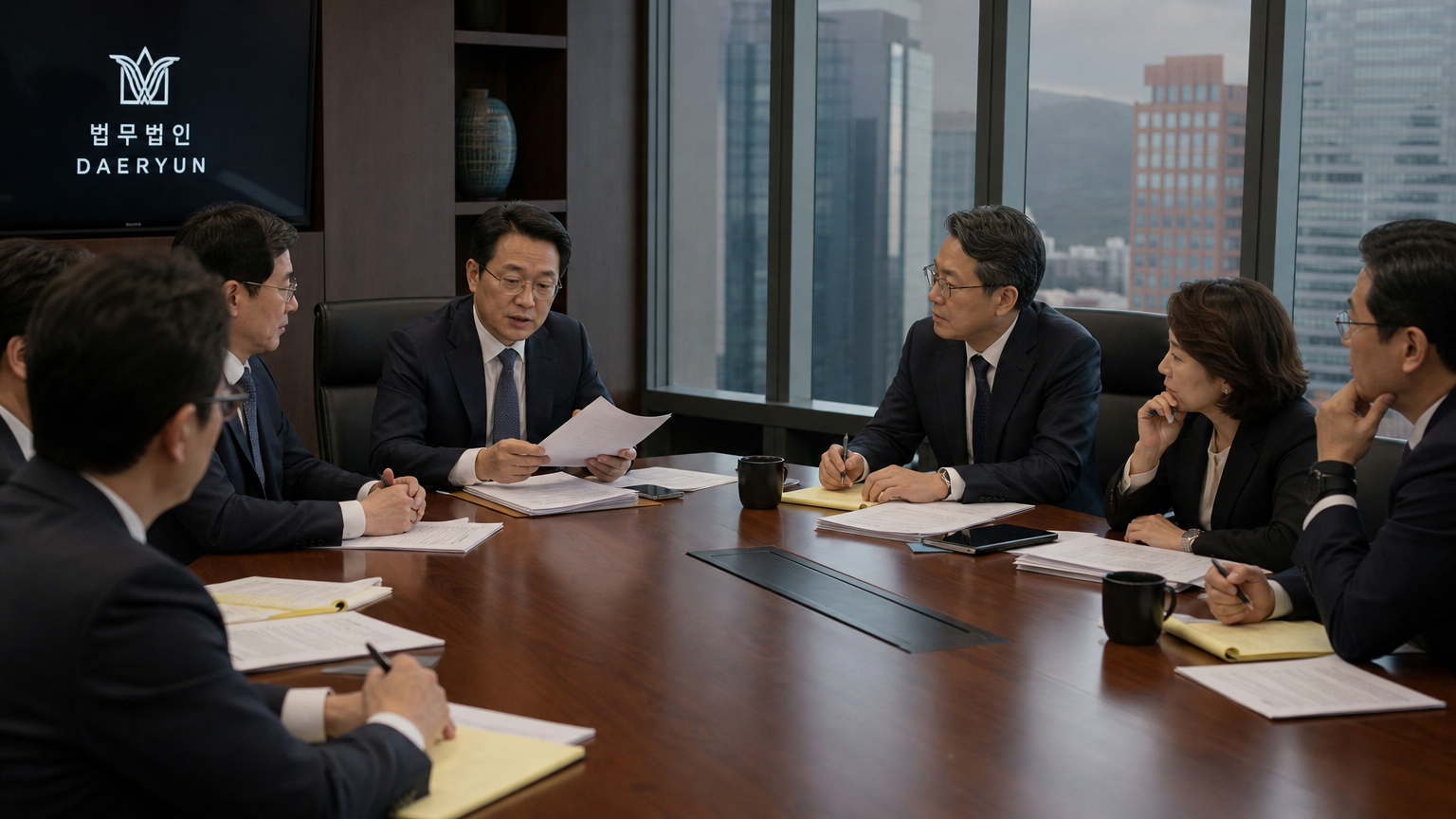 회사 회의실에서 법적 문서를 검토하는 임원들의 진지한 토론 장면