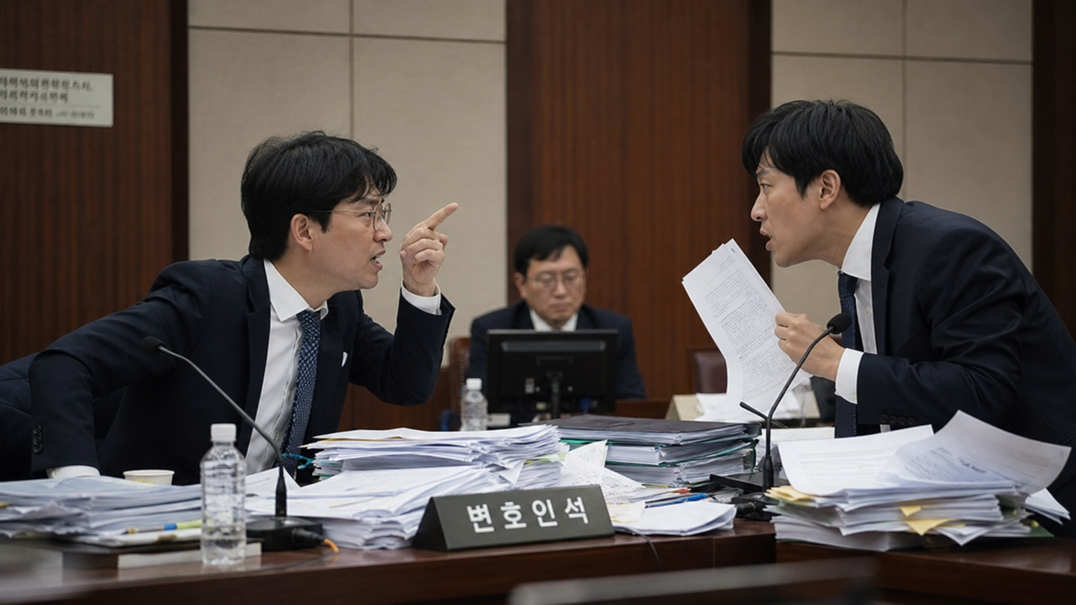 법정에서 서류가 흩어진 책상 위에서 열띤 논쟁을 벌이는 두 변호사의 긴장된 모습