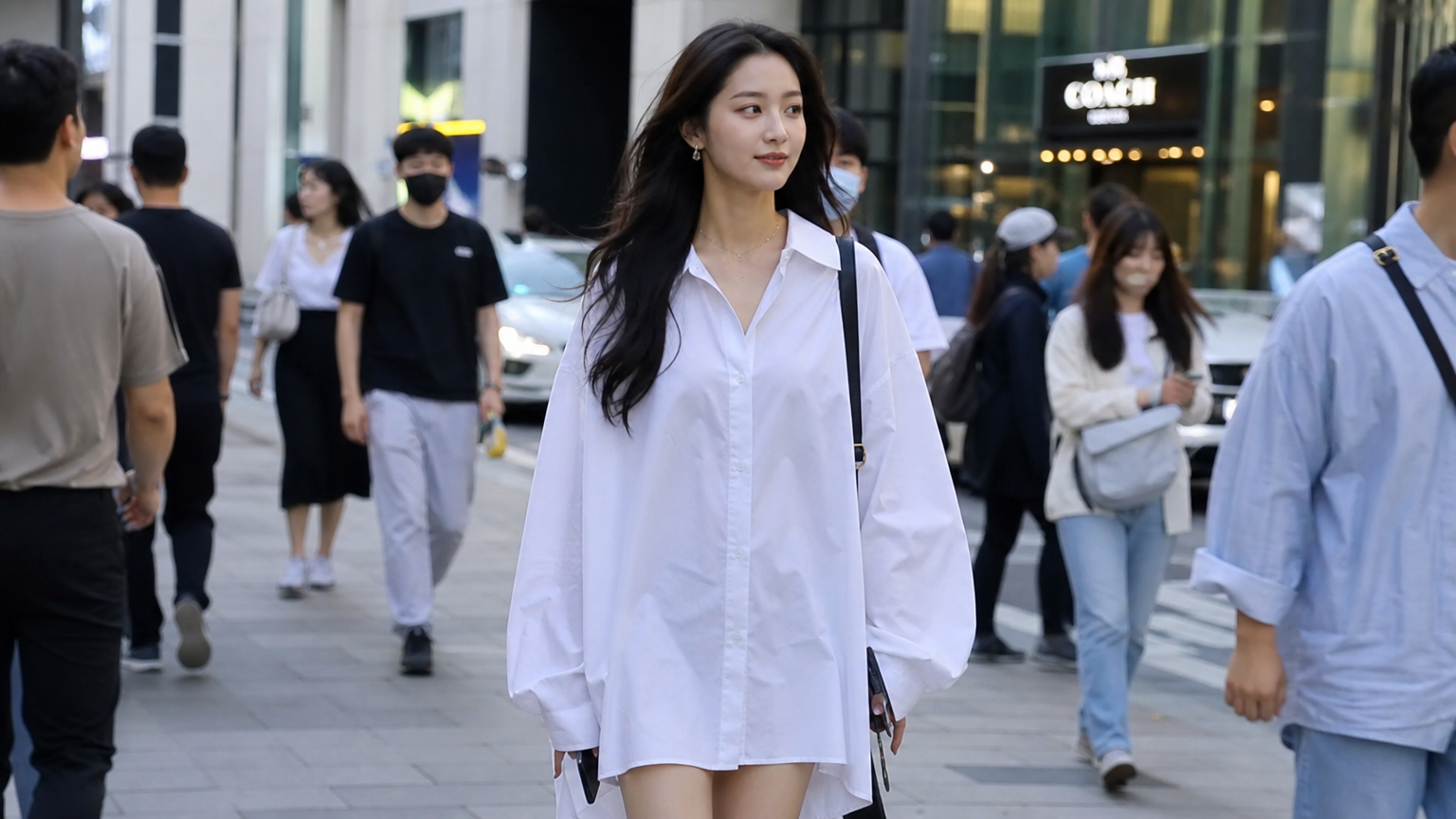 젊은 여성이 넉넉한 핏의 흰색 셔츠 원피스를 입고 거리를 걷고 있는 모습
