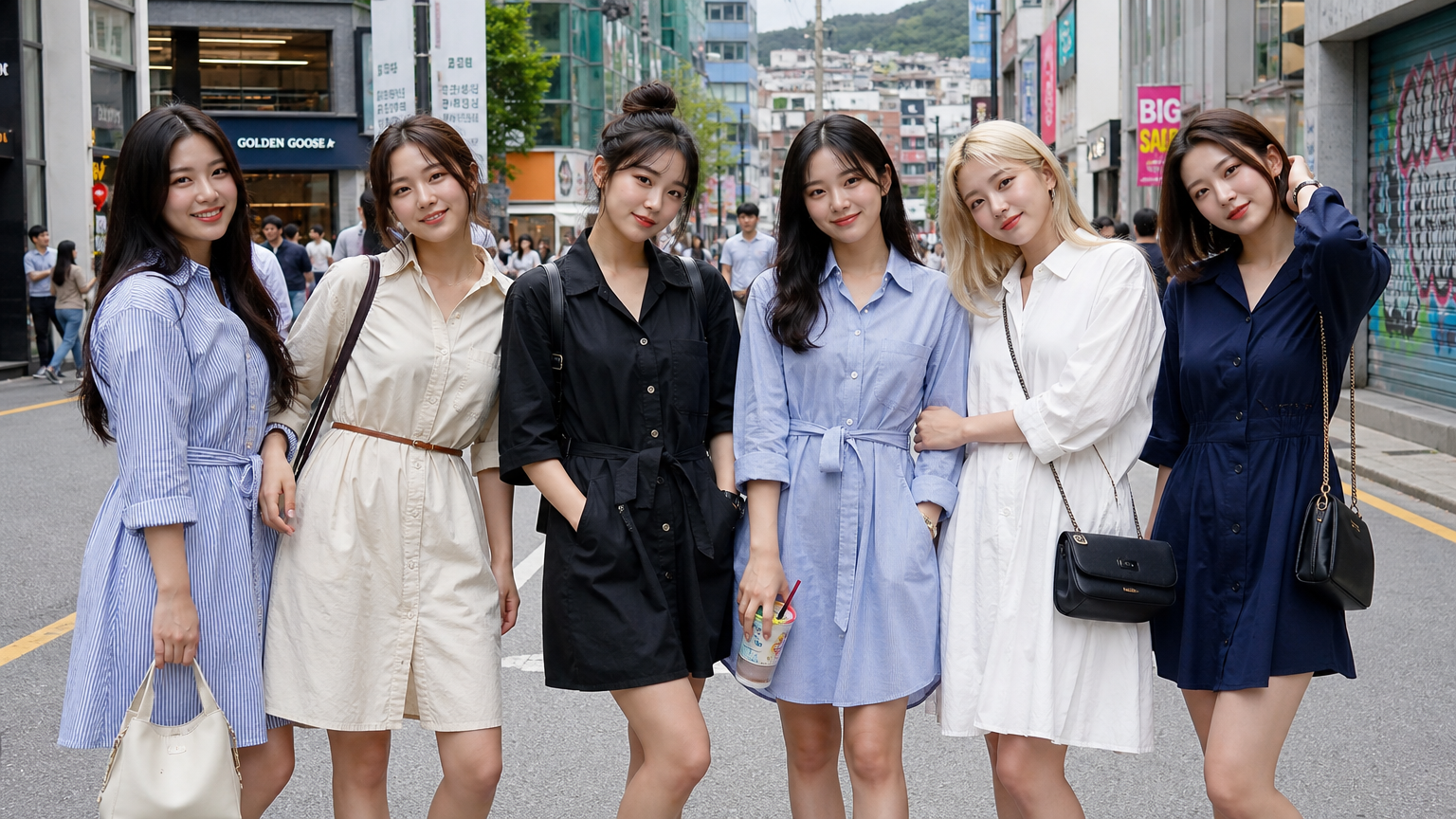 다양한 스타일의 셔츠 원피스를 입고 각자의 개성을 표현하는 젊은이들
