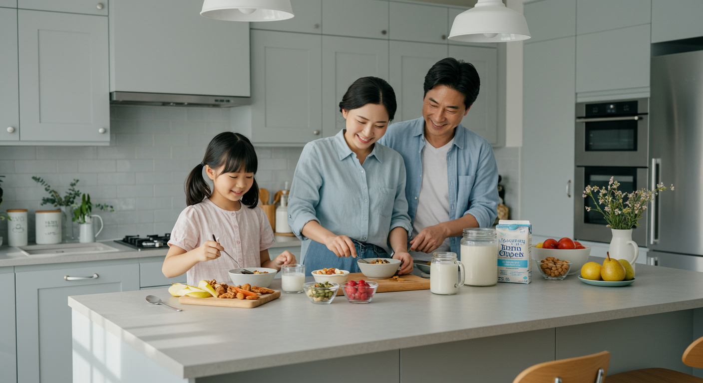 건강한 당뇨 아침식사를 준비하는 가족의 현대적이고 밝은 주방
